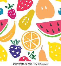 Fruit seamless pattern, collection of juicy fruits, apple, pear, strawberry, orange slice, peach, plum, banana, watermelon, papaya, grapes, lemon and berries background, vector illustration.