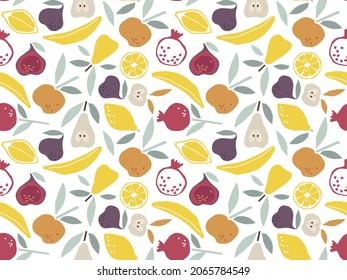 Fruit seamless pattern. Colored hand drawn sketch background. Food eco template for menu, jam, textile, wrapping paper, wallpaper, cover design. Banana, pear, apple, lemon, fig, pomegranate,