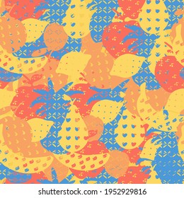 Fruit seamless pattern with colorful apple, pear, pineapple, banana, apricot, kiwi, lemon. Abstract hand drawn vector, flat retro style.