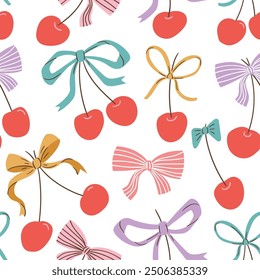 Fruit Nahtloses Muster. Bunte Schleifen und Kirschen auf weißem Hintergrund. Trenddruck. Festliches Muster. Design zum Verpacken von Papier, Verpackungen, Stoff, Textilien, Wohnkultur und Geschenken.