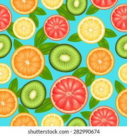 Fruit seamless pattern with cut top view citrus and kiwi vector illustration