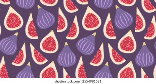 Fruit seamless pattern with fig and leaves. Vector tropical illustration. Abstract summer background.

