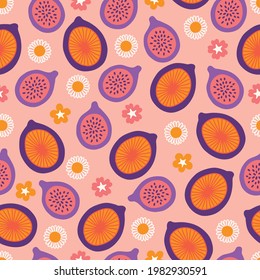 Fruit seamless pattern with figs, chamomile, flowers on pink background. Perfect for wallpaper, food wrapping paper, fabric, spring and summer holidays. Hand drawn vector illustration