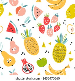 
Fruit seamless pattern in flat hand drawn style, endless background. Tropical fruit design elements. Sketch style ingredients color cliparts. Scandinavian style cartoon items, good for textile print.