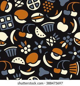 Fruit seamless pattern in flat style. Color print on black background