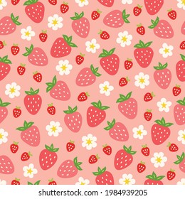 Fruit seamless pattern with flowers and wild strawberries on pink background. Perfect for wallpaper, food wrapping paper, fabric, spring and summer holidays. Hand drawn vector illustration