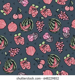 Fruit seamless pattern, fresh fruit tasting for cafe poster, ice cream, smoothies summer menu, vector illustration isolated on grey background