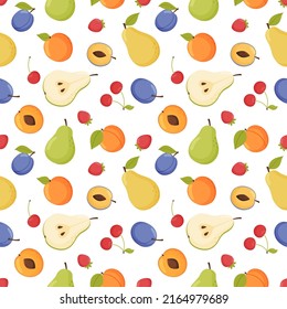 Patrón de fruta sin fisuras. Frutas y bayas de jardín con fondo blanco.