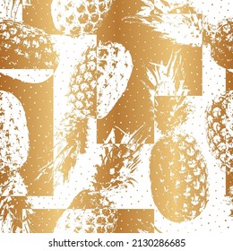 Fruit seamless pattern. Gold pineapple background. Repeated summer design for prints. Repeating fruits texture. Reflection golden ananas patern. Repeats spring pineapple backdrop. Vector illustration