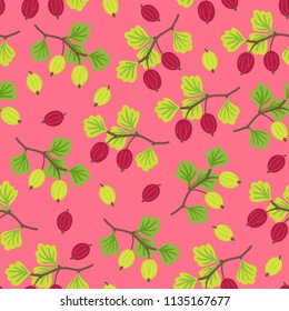 Fruit seamless pattern with gooseberry on pink background. Perfect for summer greeting cards.
