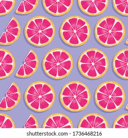 Fruit seamless pattern, grapefruit slices with shadow on purple background. Summer vibrant design. Exotic tropical fruit. Colorful vector illustration