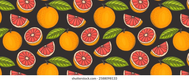 Fruit seamless pattern, grapefruit with tropical leaves  on black background. Summer vibrant design. Exotic tropical fruit. Colorful vector illustration