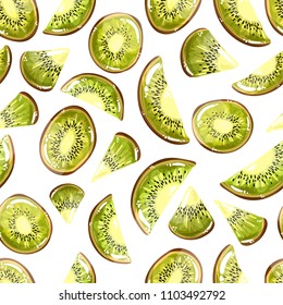 Fruit seamless pattern. green slices of kiwi on white background