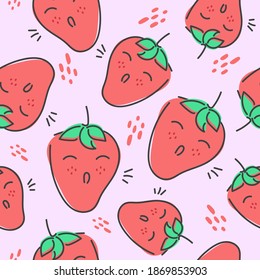 Fruit seamless pattern, Hand drawing Strawberry cartoon character on pink background.	