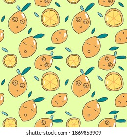 Fruit seamless pattern, Hand drawing Lemon cartoon character on yellow background.	