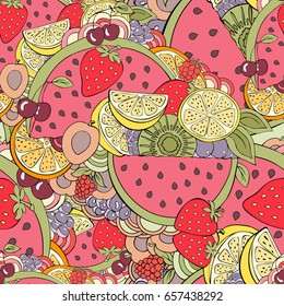 Fruit seamless pattern, hand drawing, watermelon, strawberry, cherry,lemon, orange, raspberry and other fruits