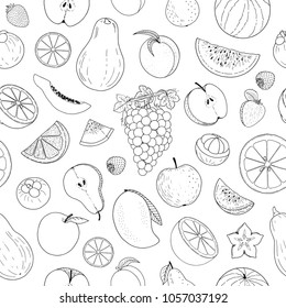 Fruit seamless pattern, hand drawn sketch, apple, pear, orange, peach, strawberry, watermelon, tropical fruits vector illustration, packaging, wrapping paper, background texture, backdrop, wallpaper.