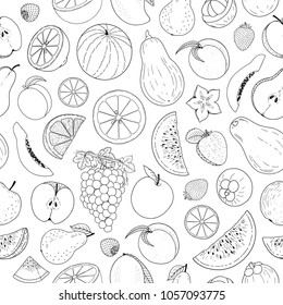Fruit seamless pattern, hand drawn sketch, apple, pear, orange, peach, strawberry, watermelon, tropical fruits vector illustration, packaging, wrapping paper, background texture, backdrop, wallpaper.