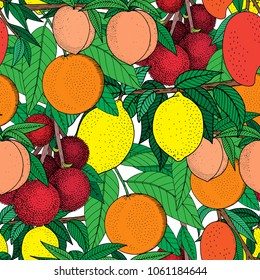 Fruit seamless pattern, hand drawn sketch, orange, peach, litchi, lemon, mango on branch, tropical fruits vector illustration, packaging, wrapping paper, background texture, backdrop, wallpaper.