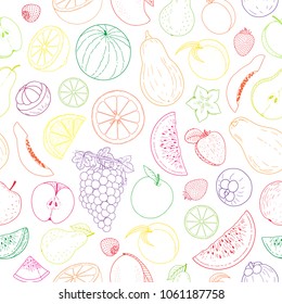 Fruit seamless pattern, hand drawn doodle, apple, pear, orange, peach, strawberry, watermelon, tropical fruits vector illustration, packaging, wrapping paper, background texture, backdrop, wallpaper.