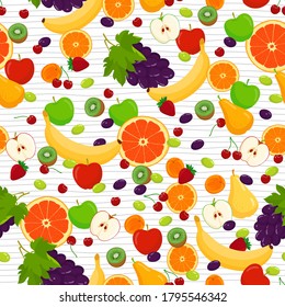 Fruit seamless pattern. Hand drawn colorful fruit on white. Stock vector endless background. 