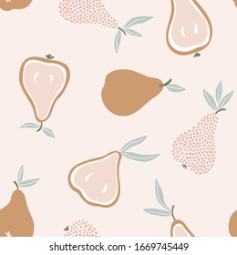 Fruit seamless pattern in hand-drawn style. Pear repeat background in pastel pink colors. Natural fabric design.