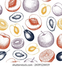 Patrón sin costuras de la fruta. Fondo de alimentos saludables. Diseño de comida vegetariana. Manzana, ciruela, melocotón, albaricoque, bocetos de naranja. Dibujado a mano ilustración vectorial. NO AI generado