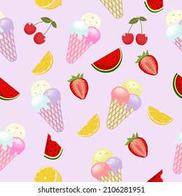 Fruit seamless pattern with ice cream, watermelon, lemon and cherry, cute seamless pattern vector illustration.
