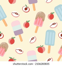Patrón de fruta sin fisuras con helado y melocotón, lindo patrón de ilustración vectorial sin fisuras.