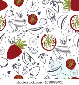 Fruit seamless pattern. Juice, detox water hand drawn background. Vector illustration 