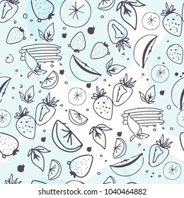 Fruit seamless pattern. Juice, detox water hand drawn background. Vector illustration 