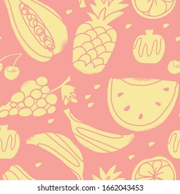 Patrón de colores jugosos y frutales. Estilo texturizado y moderno. Ilustración vectorial para tela de moda, envoltura, embalaje, diseño de superficie. Incluye sandía, piña, uva, cereza.