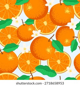 Patrón de frutas sin fisuras con naranja jugosa, rebanada de cítricos, hojas verdes y flor blanca. Brillante estampado de verano en estilo plano. Ilustración vectorial