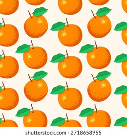 Fruit seamless pattern with juicy orange and green leaves. Bright summer print in flat style. Vector illustration for fabric, packaging, wallpaper, textiles, wrapping paper, digital design