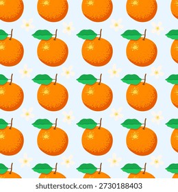 Fruta padrão sem costura com laranja suculenta, folhas verdes e flor branca. Impressão de verão brilhante em estilo plano. Ilustração vetorial para tecido, embalagem, papel de parede, têxteis, papel de embrulho