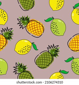 Fruit seamless pattern with lemon and pineapple, cute seamless pattern vector illustration.