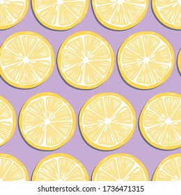 Fruit seamless pattern, lemon slices with shadow on purple background. Summer vibrant design. Exotic tropical fruit. Colorful vector illustration