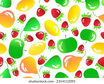 Fruit seamless pattern with lemons, apples, pears and strawberries in 3d style. Summer fruit mix: lemon, apple, pear, strawberry on a white background. Vector illustration