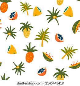 Fruchtnahtloses Muster. Zitronen, Limetten, Papaya, Ananas und tropische Blätter. Köstliche süße Speisen. Perfekt für Druck, Menüs und Restaurants, Textilien, Wickelpapier.  Vektorgrafik