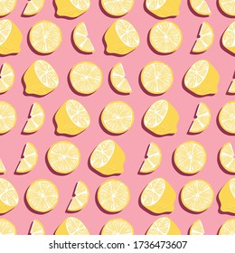 Fruit seamless pattern, lemons with shadow on pink background. Summer vibrant design. Exotic tropical fruit. Colorful vector illustration