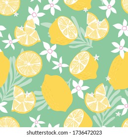 Fruit seamless pattern, lemons with tropical leaves and flowers on green background. Summer vibrant design. Exotic tropical fruit. Colorful vector illustration