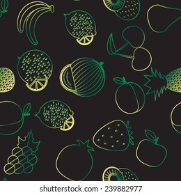 Fruit seamless pattern. Neon thin style. The image of contour fruits and berries. Endless texture. Use as a background fill. 