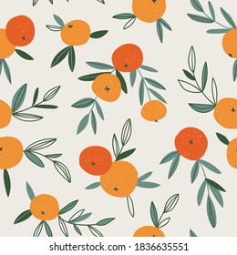 Fruit seamless pattern in neutral pastel colors. Vector hand-drawn orange repeat background. Tropical garden print design.