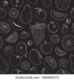 Fruit seamless pattern on blackboard background, apple, pear, orange, peach, strawberry, watermelon, tropical fruits vector illustration, packaging, wrapping paper, backdrop texture, wallpaper.