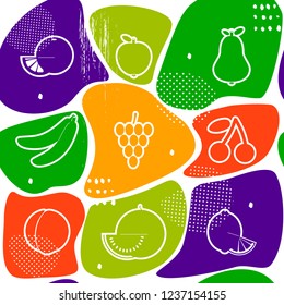 Fruit seamless pattern, orange, apple, pear, banana, grape, cherry, peach,  watermelon, lemon. For fabric, wrapping paper, background texture, textile. Vector illustration