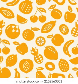 Fruit seamless pattern. Orange background with apple, banana, mango, cherry, kiwi, orange, lemon, pear. Vegetarian food texture. Vector illustration.