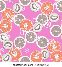 Fruit seamless pattern with orange, grapefruit and kiwi fruit. Fruit with ice. Cocktail pattern.