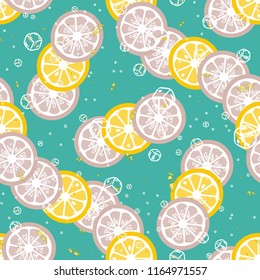 Fruit seamless pattern with orange and grapefruit. Fruit with ice. Cocktail pattern.