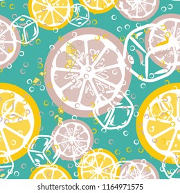 Fruit seamless pattern with orange and grapefruit. Fruit with ice. Cocktail pattern.