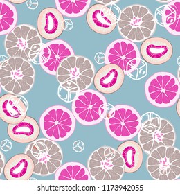 Fruit seamless pattern with orange, grapefruit and kiwi fruit. Fruit with ice. Cocktail pattern.